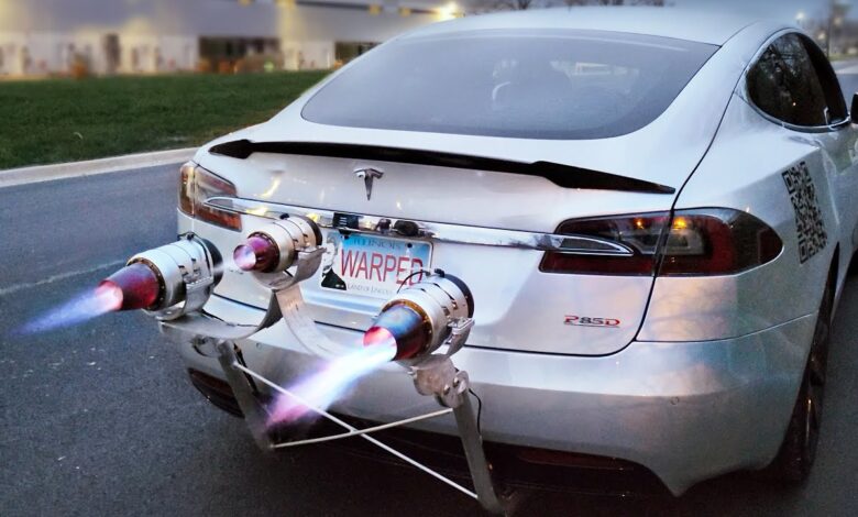Guy straps three jet engines to the back of his Tesla for the fun of it Guy straps three jet engines to the back of his Tesla for the fun of it