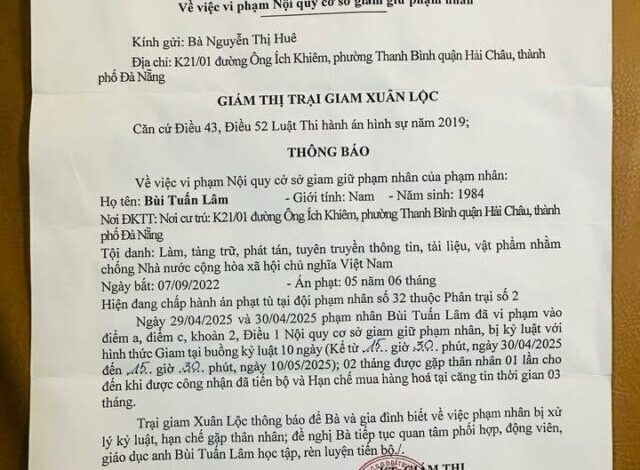Tù nhân Bùi Tuấn Lâm bị hành hạ cùm chân 10 ngày Tù nhân Bùi Tuấn Lâm bị hành hạ cùm chân 10 ngày