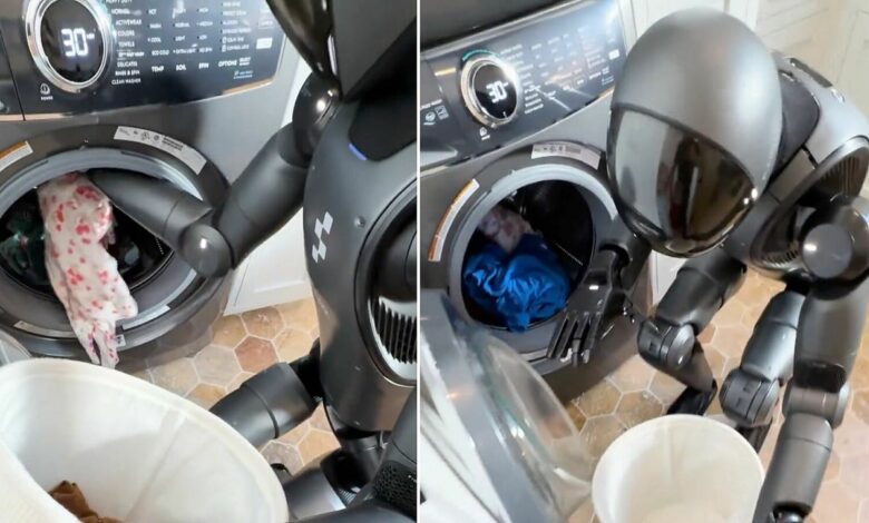 Robot hình người khéo léo bỏ đồ vào máy giặt Robot hình người khéo léo bỏ đồ vào máy giặt