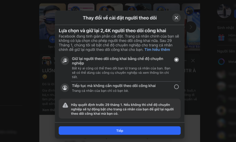 Facebook ‘thúc giục’ người dùng cập nhật chế độ chuyên nghiệp
